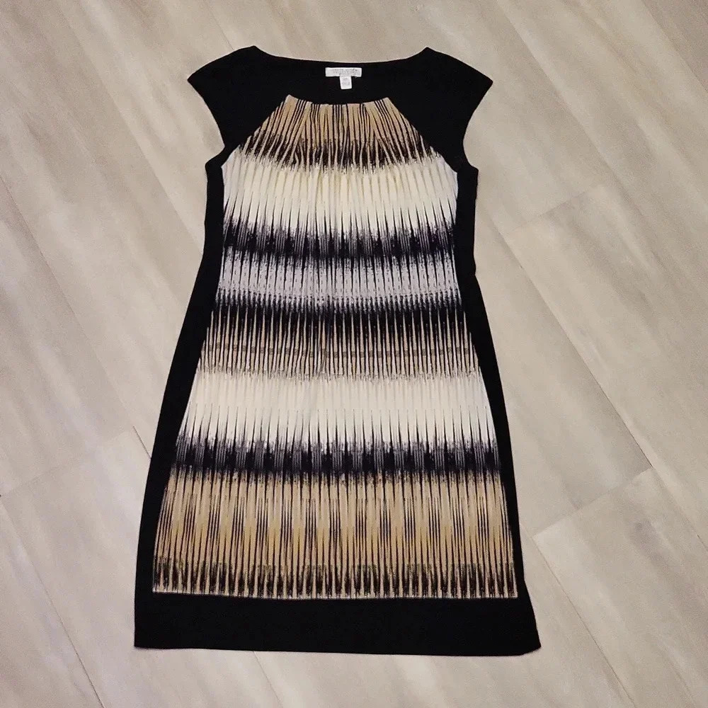 London Style Collection Black Tan Fitted Short Sleeve Womens Dress Size 6P